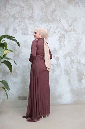 Drape Detaylı Kahverengi Tesettür Abiye Elbise 51481KH