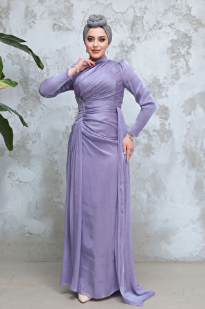 Drape Detaylı Lila Tesettür Abiye Elbise 51481LILA