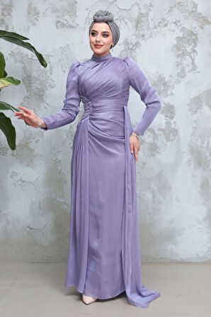 Drape Detaylı Lila Tesettür Abiye Elbise 51481LILA