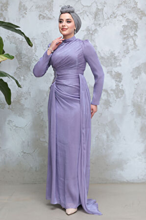 Drape Detaylı Lila Tesettür Abiye Elbise 51481LILA