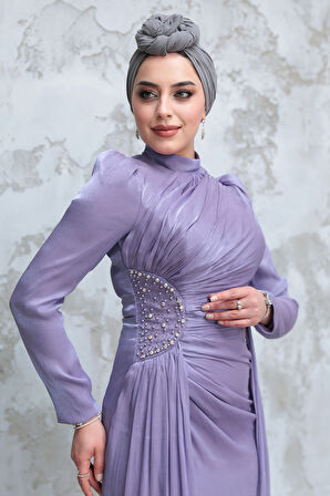 Drape Detaylı Lila Tesettür Abiye Elbise 51481LILA