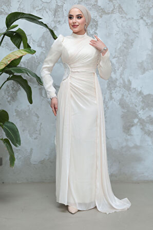 Drape Detaylı Ekru Tesettür Abiye Elbise 51481E