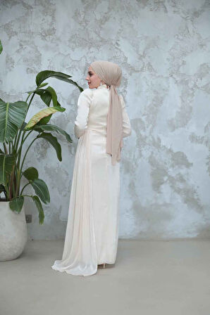 Drape Detaylı Ekru Tesettür Abiye Elbise 51481E
