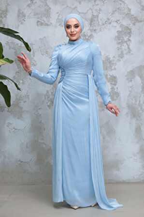 Drape Detaylı Bebek Mavisi Tesettür Abiye Elbise 51481BM