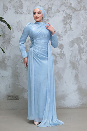 Drape Detaylı Bebek Mavisi Tesettür Abiye Elbise 51481BM