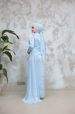 Drape Detaylı Bebek Mavisi Tesettür Abiye Elbise 51481BM
