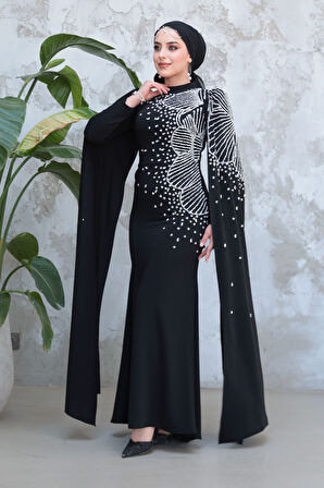 Kolları Pelerinli Siyah Tesettür Abiye Elbise 51671S