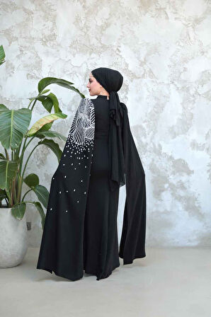 Kolları Pelerinli Siyah Tesettür Abiye Elbise 51671S
