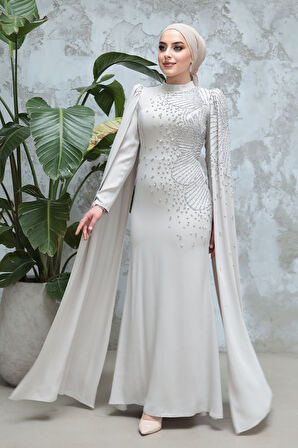 Kolları Pelerinli Bej Tesettür Abiye Elbise 51671BEJ