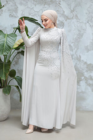 Kolları Pelerinli Bej Tesettür Abiye Elbise 51671BEJ