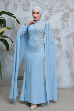 Kolları Pelerinli Bebek Mavisi Tesettür Abiye Elbise 51671BM