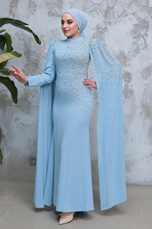 Kolları Pelerinli Bebek Mavisi Tesettür Abiye Elbise 51671BM
