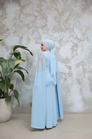 Kolları Pelerinli Bebek Mavisi Tesettür Abiye Elbise 51671BM