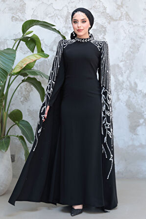 Kolları Pelerinli Siyah Tesettür Abiye Elbise 51681S