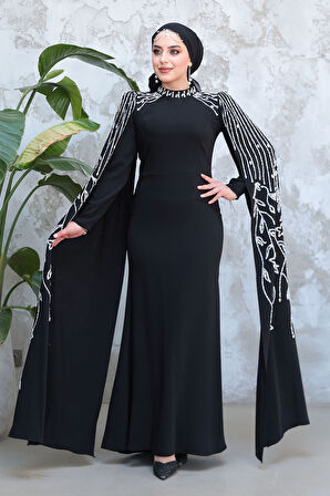 Kolları Pelerinli Siyah Tesettür Abiye Elbise 51681S