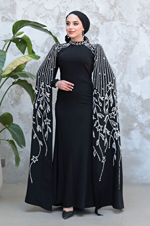 Kolları Pelerinli Siyah Tesettür Abiye Elbise 51681S