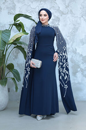 Kolları Pelerinli Lacivert Tesettür Abiye Elbise 51681L