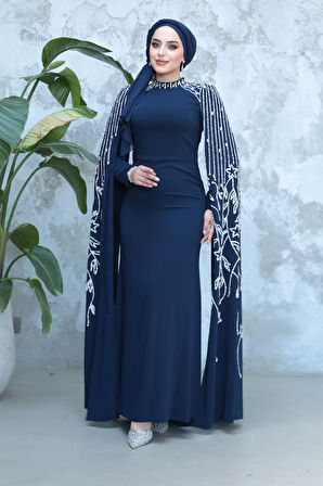 Kolları Pelerinli Lacivert Tesettür Abiye Elbise 51681L