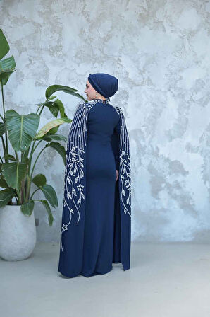 Kolları Pelerinli Lacivert Tesettür Abiye Elbise 51681L