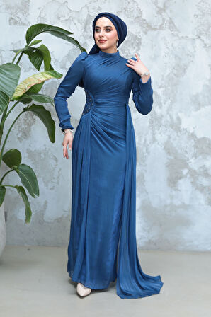 Drape Detaylı Lacivert Tesettür Abiye Elbise 51481L