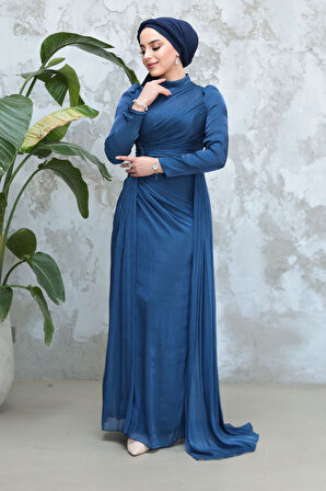 Drape Detaylı Lacivert Tesettür Abiye Elbise 51481L