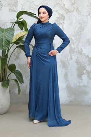 Drape Detaylı Lacivert Tesettür Abiye Elbise 51481L