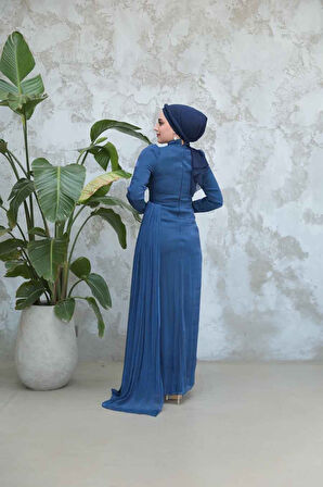 Drape Detaylı Lacivert Tesettür Abiye Elbise 51481L