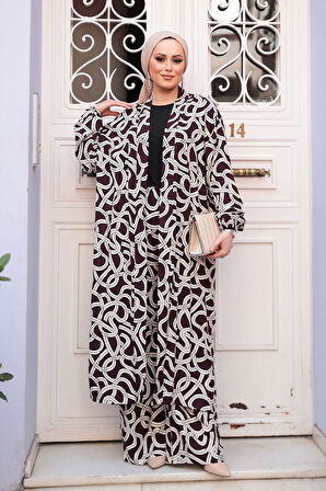 Desenli Mürdüm Tesettür İkili Kimono Takım 12881MU