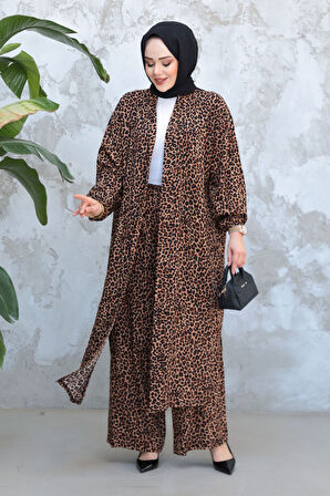 Leopar Desenli Tesettür İkili Kimono Takım 12882LP