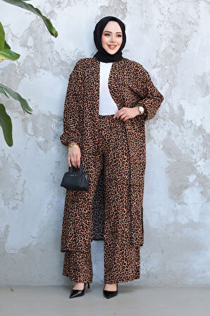 Leopar Desenli Tesettür İkili Kimono Takım 12882LP