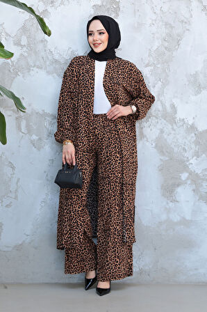 Leopar Desenli Tesettür İkili Kimono Takım 12882LP