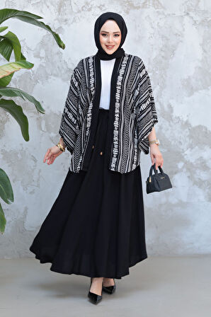 Desenli Siyah Tesettür İkili Etekli Kimono Takım 12891S