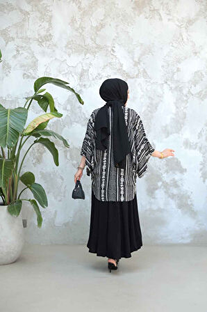 Desenli Siyah Tesettür İkili Etekli Kimono Takım 12891S