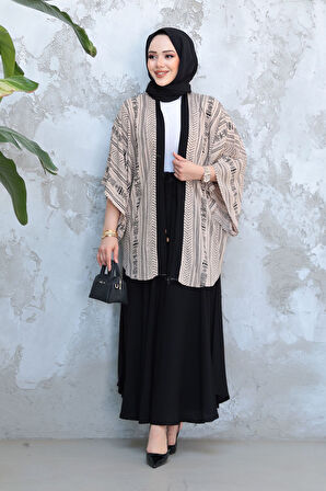 Desenli Vizon Tesettür İkili Etekli Kimono Takım 12891V