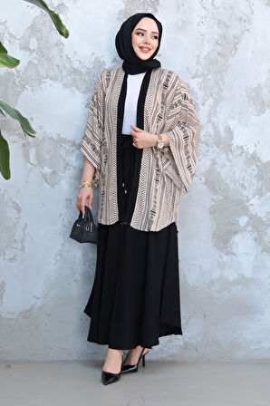 Desenli Vizon Tesettür İkili Etekli Kimono Takım 12891V