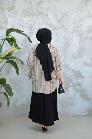 Desenli Vizon Tesettür İkili Etekli Kimono Takım 12891V