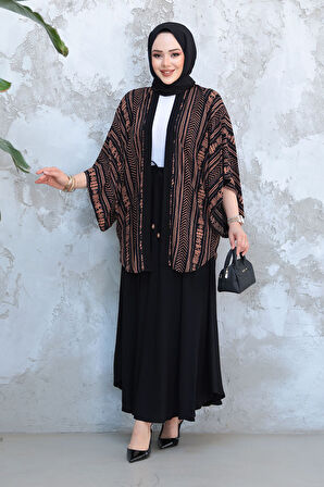 Desenli Camel Tesettür İkili Etekli Kimono Takım 12891C