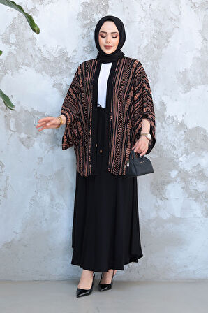 Desenli Camel Tesettür İkili Etekli Kimono Takım 12891C