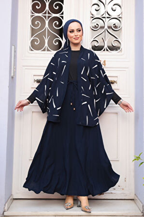 Desenli Lacivert Tesettür İkili Kimono Takım 12892L