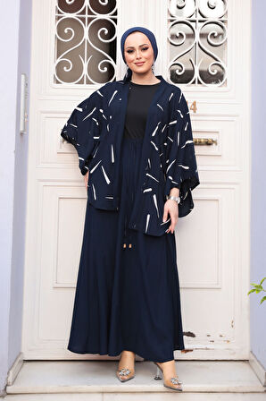 Desenli Lacivert Tesettür İkili Kimono Takım 12892L