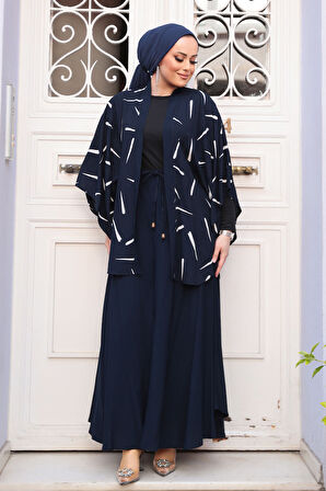 Desenli Lacivert Tesettür İkili Kimono Takım 12892L