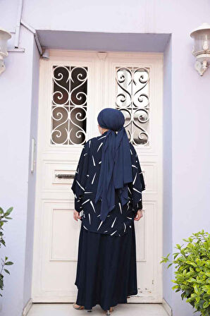 Desenli Lacivert Tesettür İkili Kimono Takım 12892L