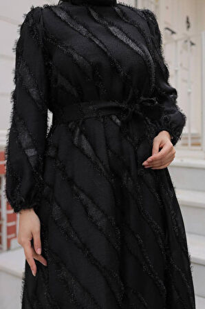 Jakar Detaylı Siyah Tesettür Elbise 23262S