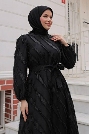 Jakar Detaylı Siyah Tesettür Elbise 23262S