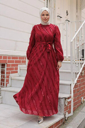 Jakar Detaylı Bordo Tesettür Elbise 23262BR