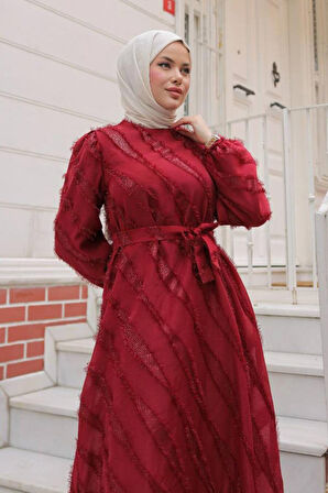 Jakar Detaylı Bordo Tesettür Elbise 23262BR