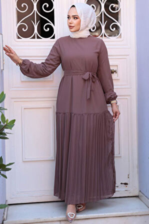 Etek Ucu Pileli Koyu Gül Kurusu Tesettür Elbise 23771KGK