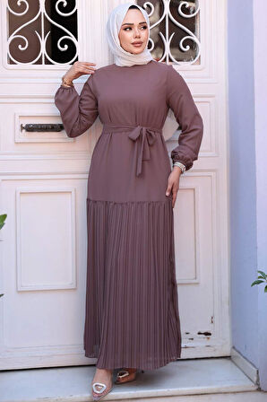 Etek Ucu Pileli Koyu Gül Kurusu Tesettür Elbise 23771KGK