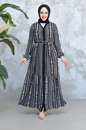 Desenli Siyah Tesettür Elbise 23921S