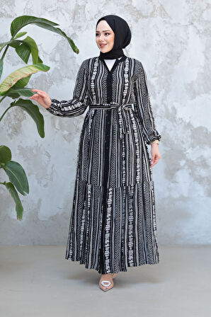 Desenli Siyah Tesettür Elbise 23921S